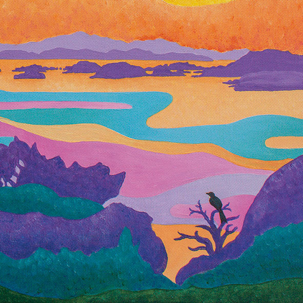 Close-up of First Light Over Paradise seascape painting – vibrant turquoise ocean, golden sunrise, New Zealand coastal scene