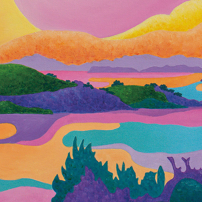 Close-up detail of First Light Over Paradise coastal painting – vibrant turquoise ocean, golden sunrise, New Zealand seascape scene
