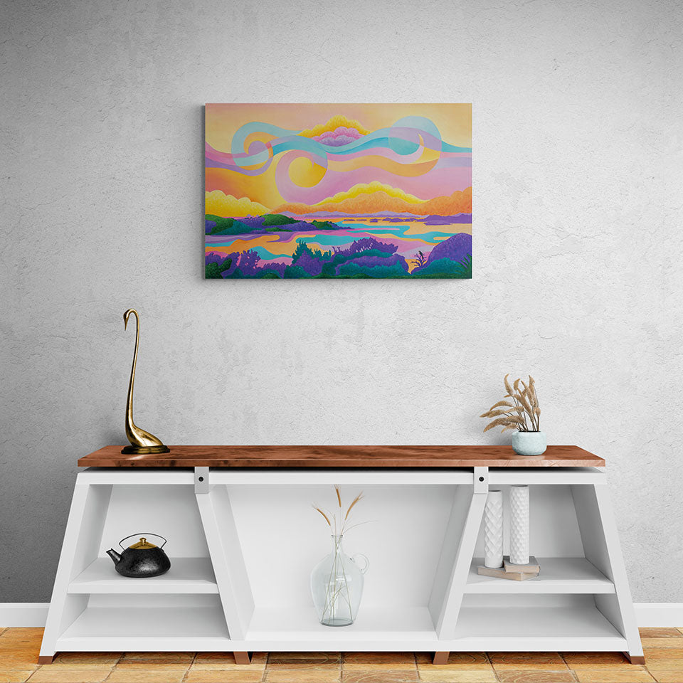 New Zealand coastal sunrise original painting – First Light Over Paradise by Silke Hendel – displayed in modern house décor setting