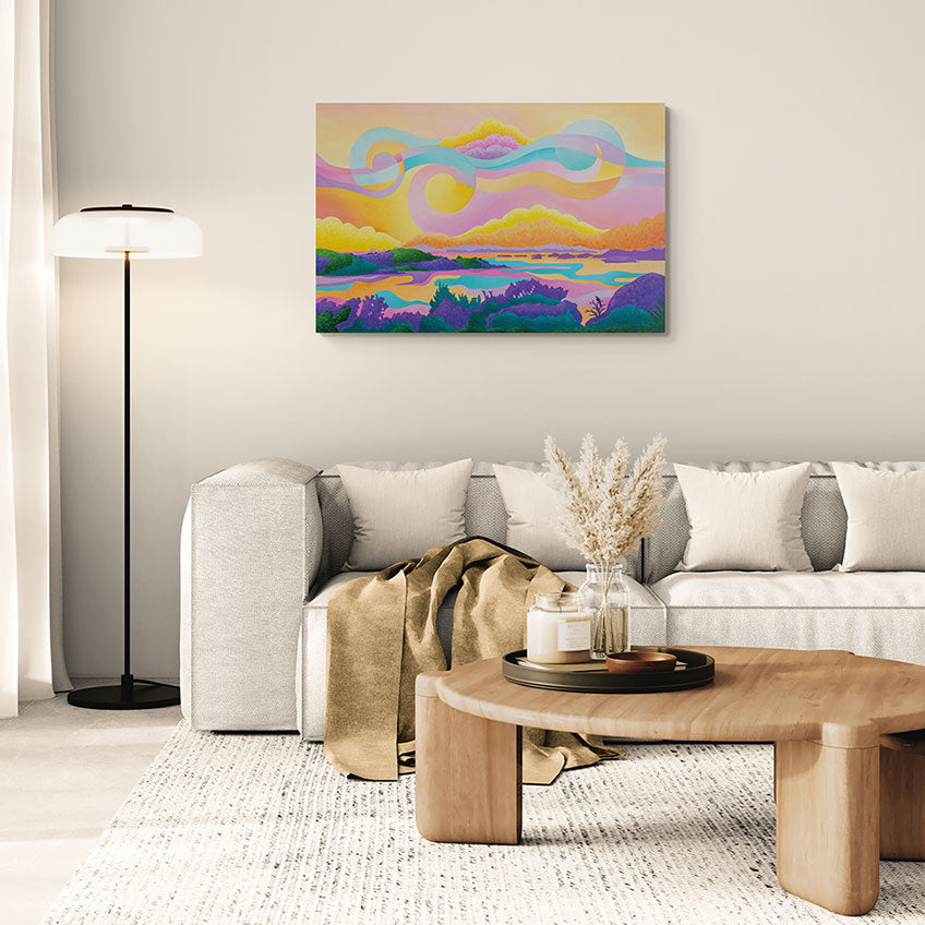 First Light Over Paradise coastal sunrise original acrylic painting by NZ artist Silke Hendel – wall art in modern living room