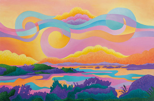Full view of First Light Over Paradise vibrant coastal sunrise painting – turquoise ocean and golden sky New Zealand seascape