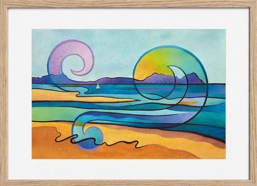 Good Hope original New Zealand coastal painting by Silke Hendel - abstract seascape of Ruakaka Beach and the Whangarei Heads with a yacht and koru, framed in natural wood