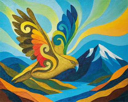 Original kea painting by Silke Hendel - a New Zealand kea in flight over snow-capped mountains, acrylic on canvas