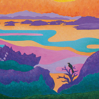 Close-up of First Light Over Paradise seascape painting – vibrant turquoise ocean, golden sunrise, New Zealand coastal scene